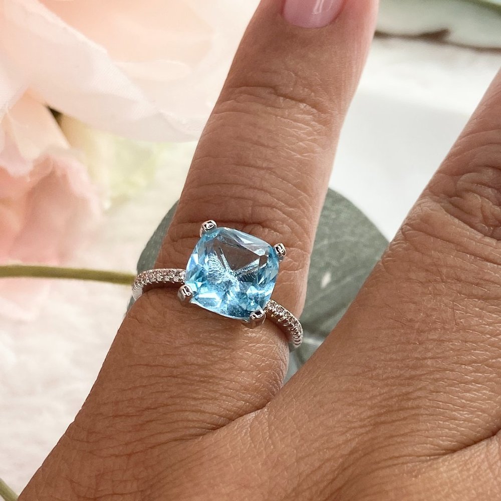 925 Sterling Silver Blue Cubic Zirconia Engagement Ring Size 6 - Picture 5 of 8